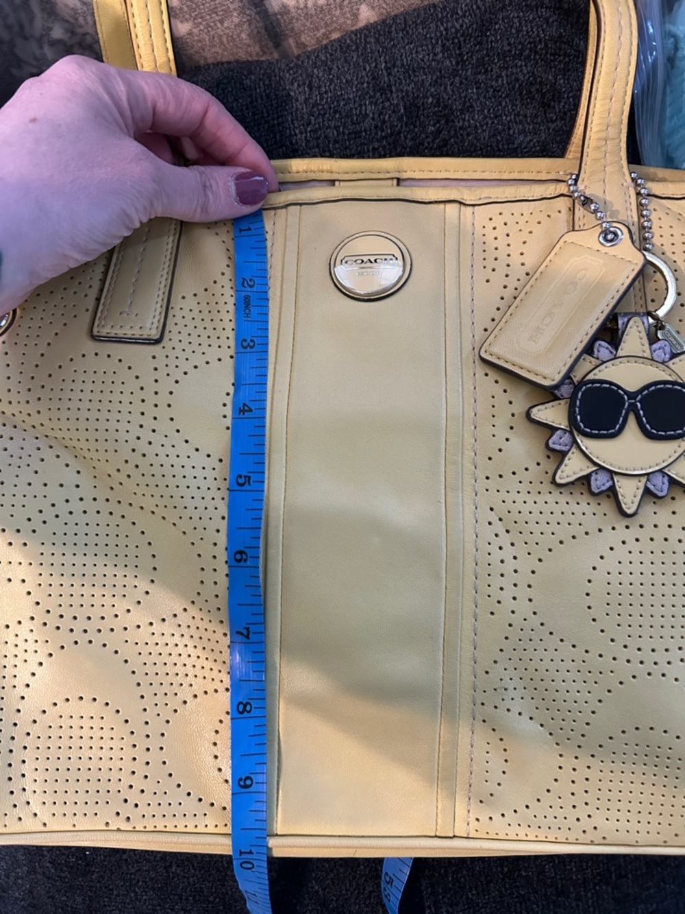 Coach Perforated Leather Yellow Tote Bag w/ Sun Bag Charm - Picture 9 of 11